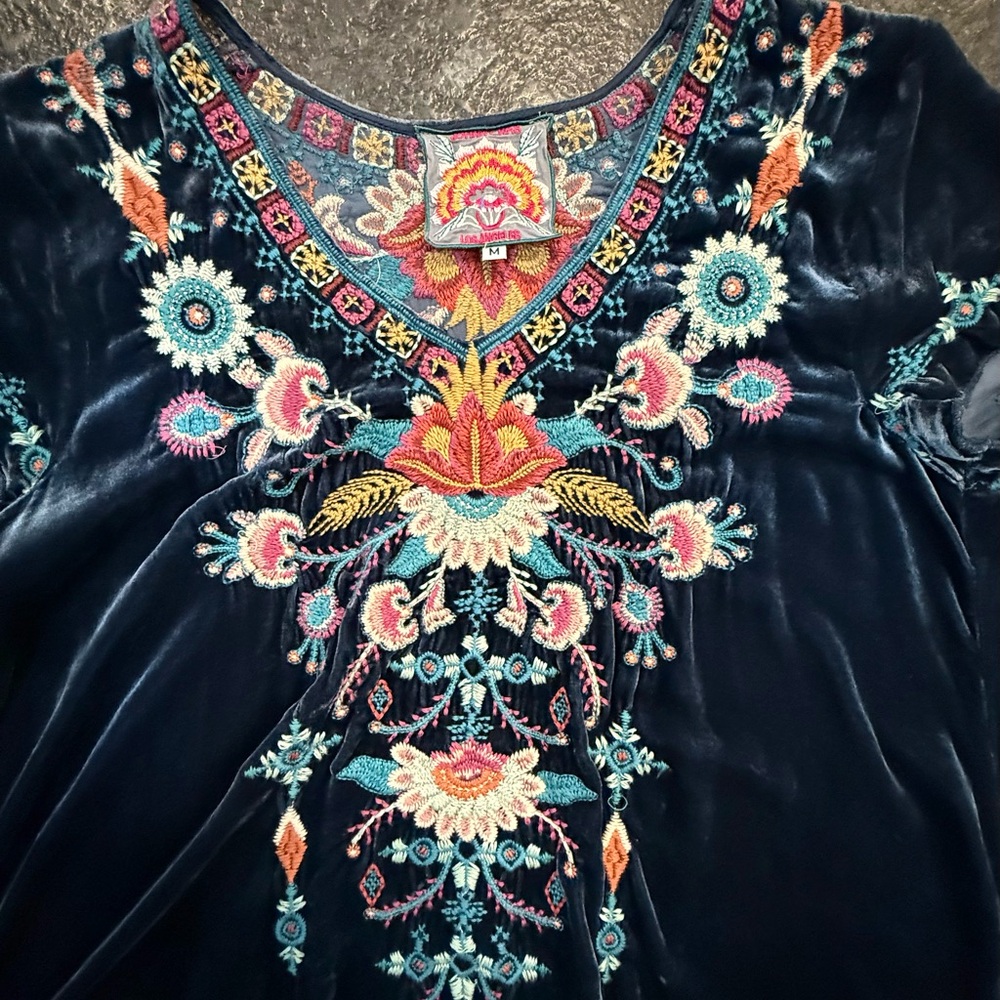 Johnny Was Navy Velvet V-Neck Tunic with Multicolor Floral Embroidery